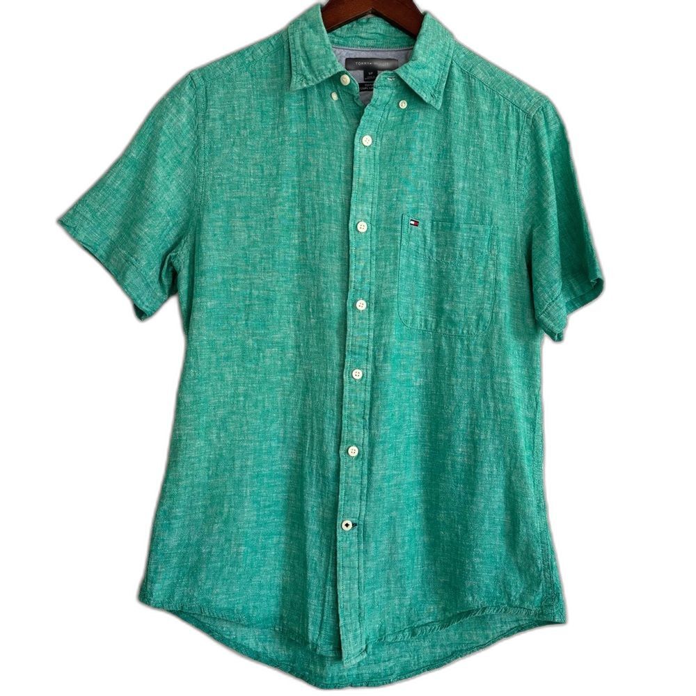 Tommy Hilfiger Men's Small Green Short Sleeve Linen Cotton Button Shirt Summer